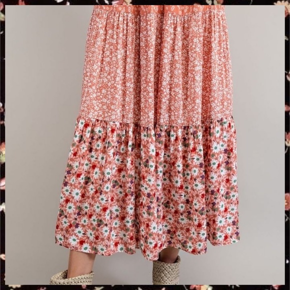 EASEL Mixed Floral Print Midi or Maxi Cottagecore Tiered Prairie Skirt W/Lining - Picture 9 of 16